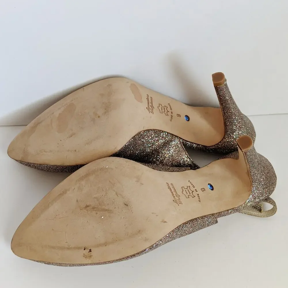 Something Bleu Gold Glitter Slingback Bridal Heels Italy Size 9 Stilettos Glam